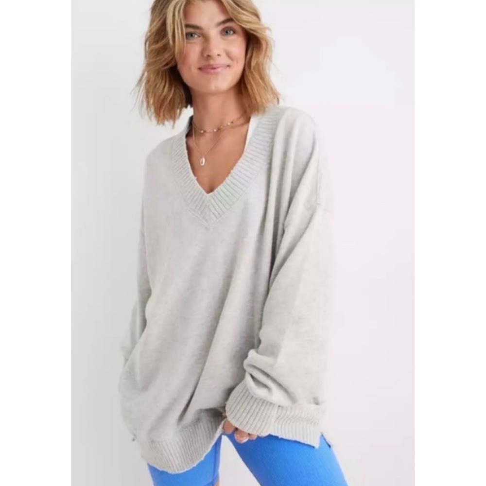 Aerie Down to Earth V-Neck Oversized Sweatshirt Grey Size XL Comfy Cozy Lounge